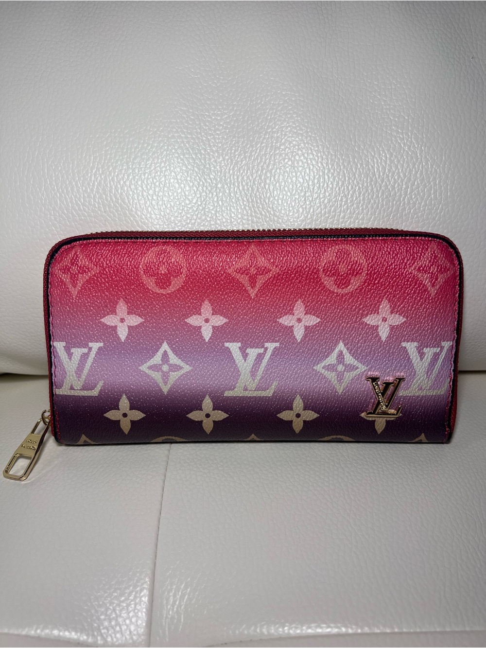 LV Gradient Pink to Purple Monogram Zip Wallet with Gold LV Accent